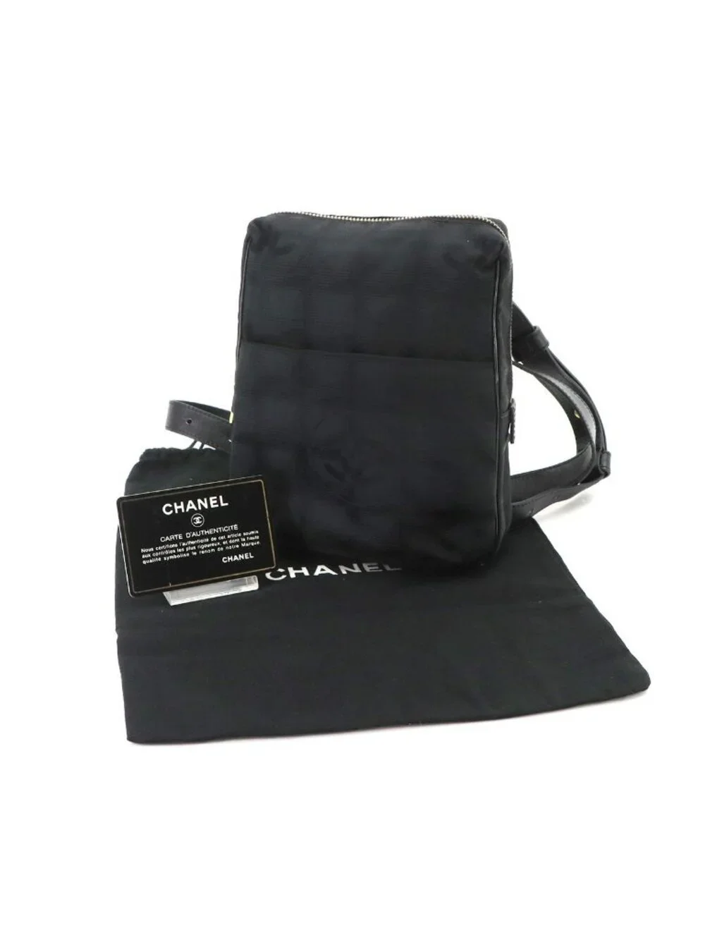 Chanel New Travel Line Shoulder Bag Nylon Jacquard Leather Black